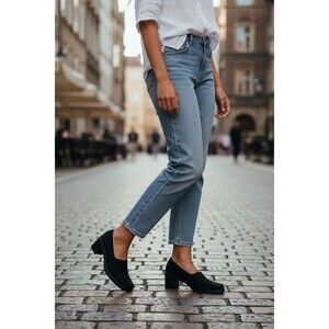 Kenneth Cole Reaction Square Toe Black Fabric Heels Pumps Shoes Slip On  Size 9M